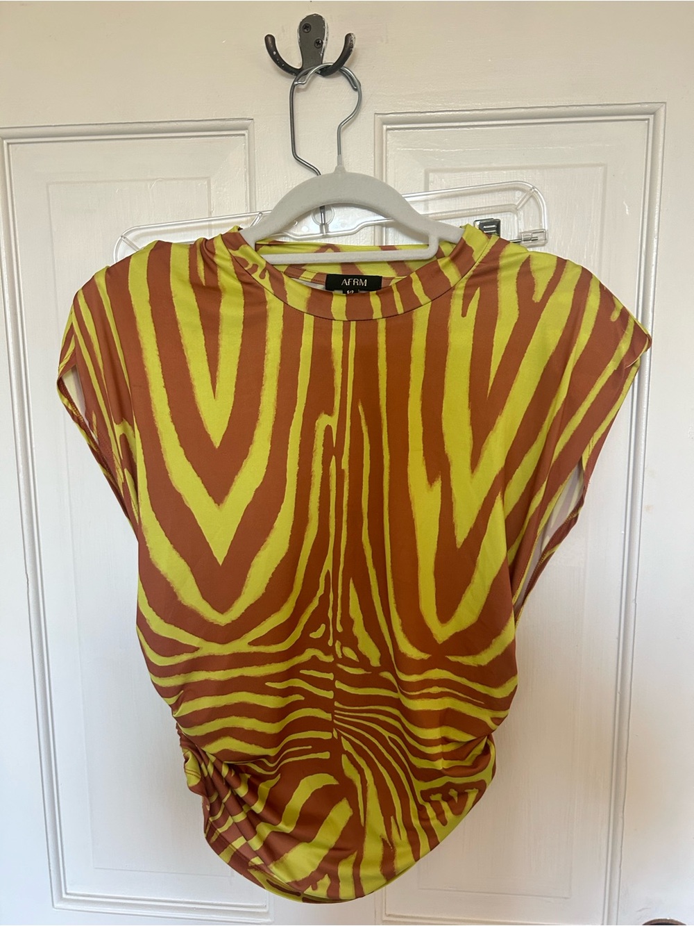 AFRM Yellow and Brown Zebra-Print Short Sleeve Top